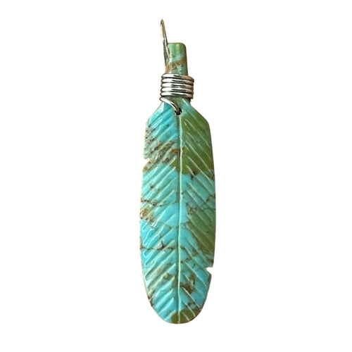 Native American Pendant, Hand Carved Turquoise Feather, 925 Silver