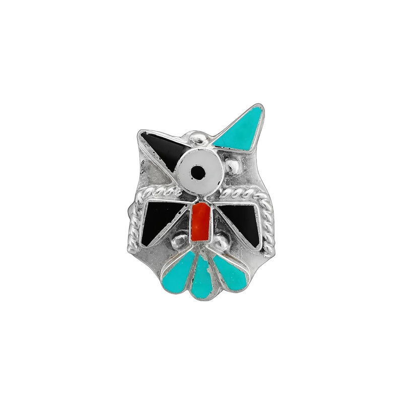 Size 7 - Native American Roadrunner Zuni Ring with Turquoise, Red Coral, Jet, Mother of Pearl Ring