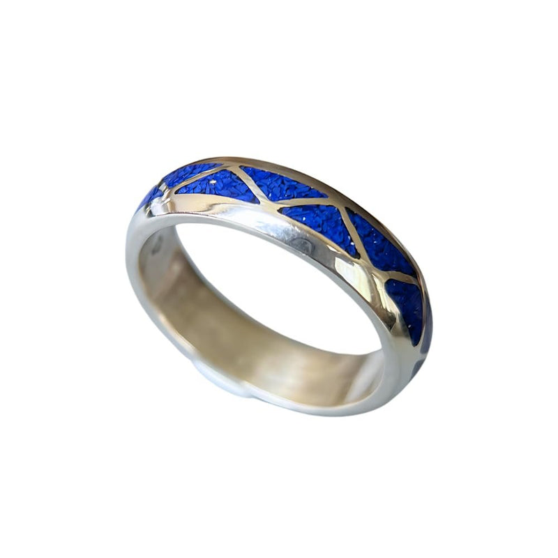 Size 10-925 Sterling Silver and Lapis Lazuli Band, Segmented Triangle Design, Handmade Geometric Jewelry, Statement Navajo Gemstone Flat Band