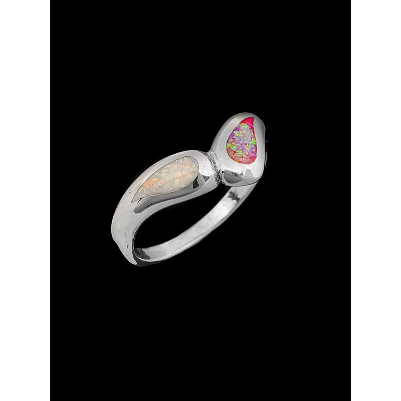 925 Sterling Silver Teardrop Ring with Pink and White Opal • Navajo Handmade • Raindrop Design