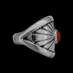 Size 10.75-925 Sterling Silver Sunburst Red Coral Cabochon Ring, Simple Geometric Design, Handmade Gemstone Jewelry, Statement Birthstone Band