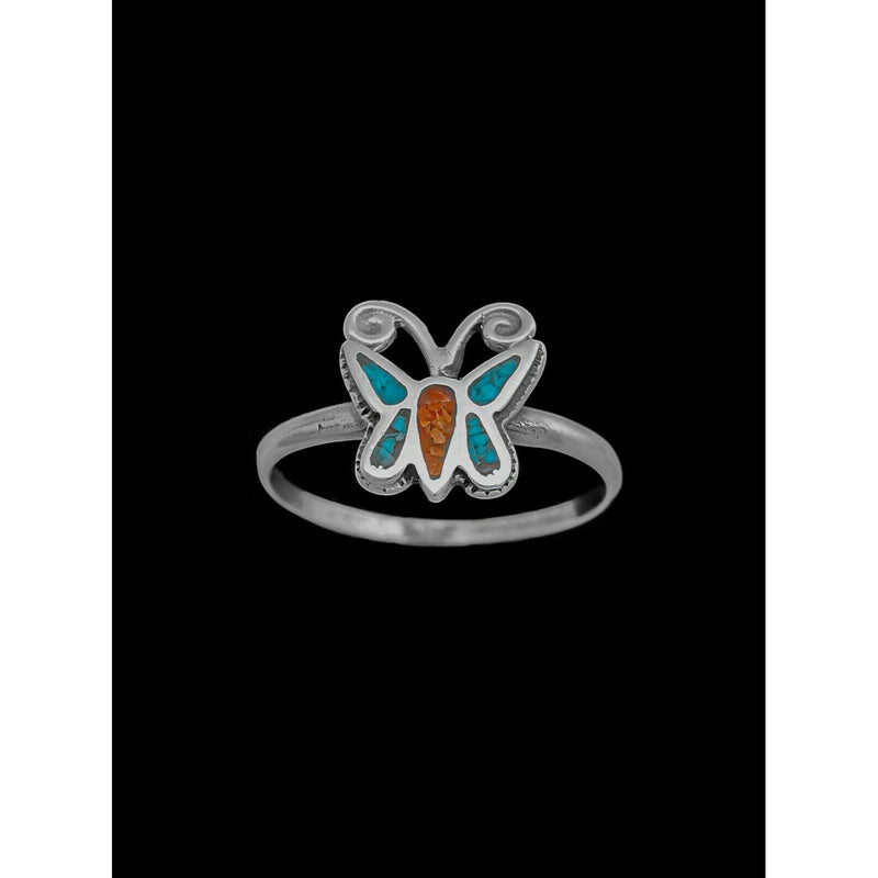 Size 7 Butterfly Ring, 925 Sterling Silver, Turquoise Coral Ring, Navajo Handmade