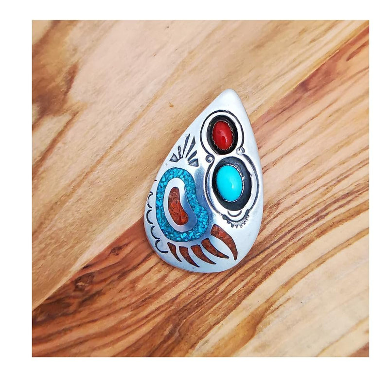 925 Sterling Silver Turquoise & Red Coral Teardrop Pendant, Southwestern Design, Bear Paw