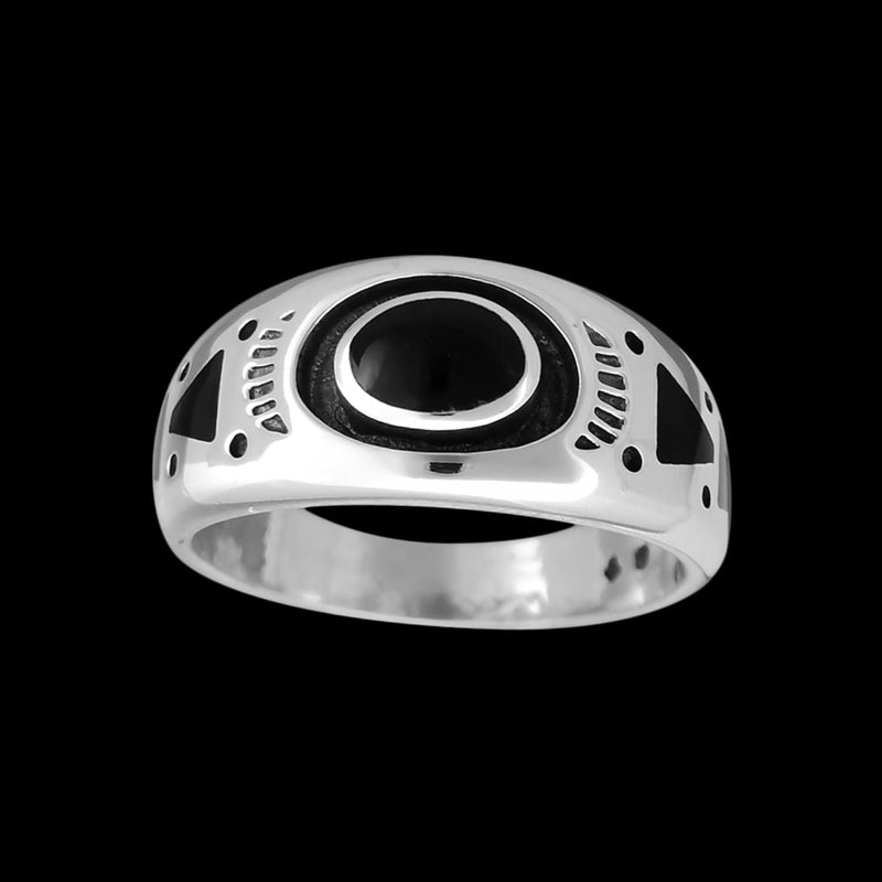 925 Sterling Silver Black Resin Ring, Southwestern Geometric Design, Handmade Oval Gemstone Band, Handcrafted Birthstone Jewelry