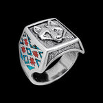Wolf Ring with Turquoise and Red Coral Inlay • Posing Wolf Design • 925 Sterling Silver • Navajo
