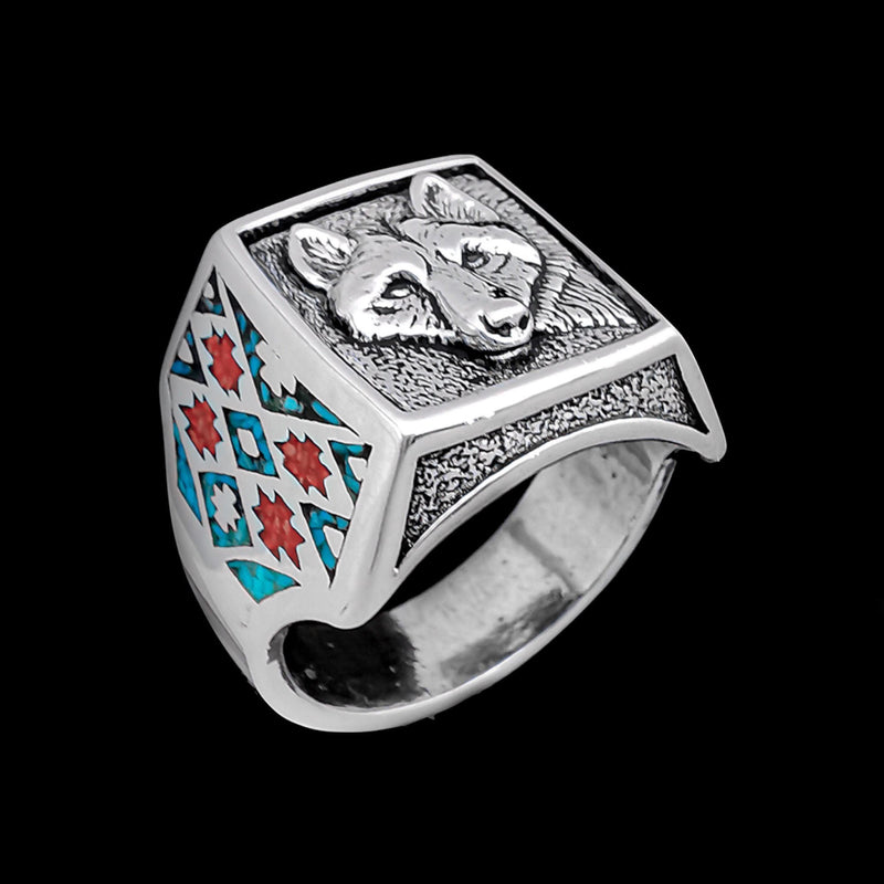 Wolf Ring with Turquoise and Red Coral Inlay • Posing Wolf Design • 925 Sterling Silver • Navajo