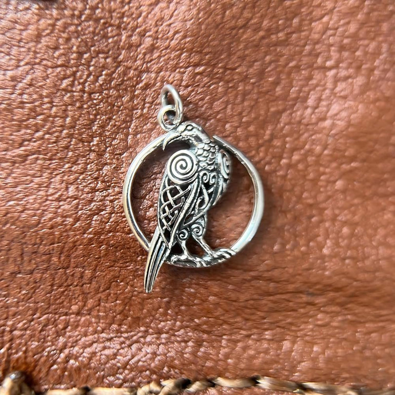 Sterling Silver Raven and Moon Pendant – Mystical Wiccan Charm
