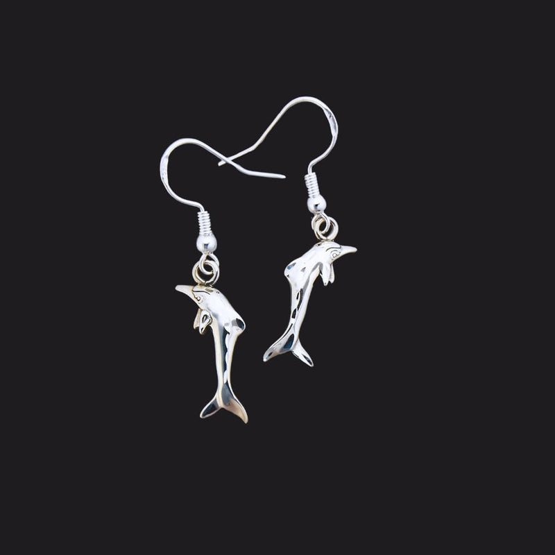 Sterling Silver Dangle Single Dolphin Diamond-Cut Earrings