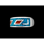 Size 6.5-925 Sterling Silver Large Geometric Turquoise & Red Coral Ring, Native Tribal Inspired Design, Handmade Gemstone Band, Handcrafted Birthstone Jewelry