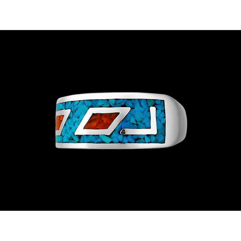 Size 6.5-925 Sterling Silver Large Geometric Turquoise & Red Coral Ring, Native Tribal Inspired Design, Handmade Gemstone Band, Handcrafted Birthstone Jewelry