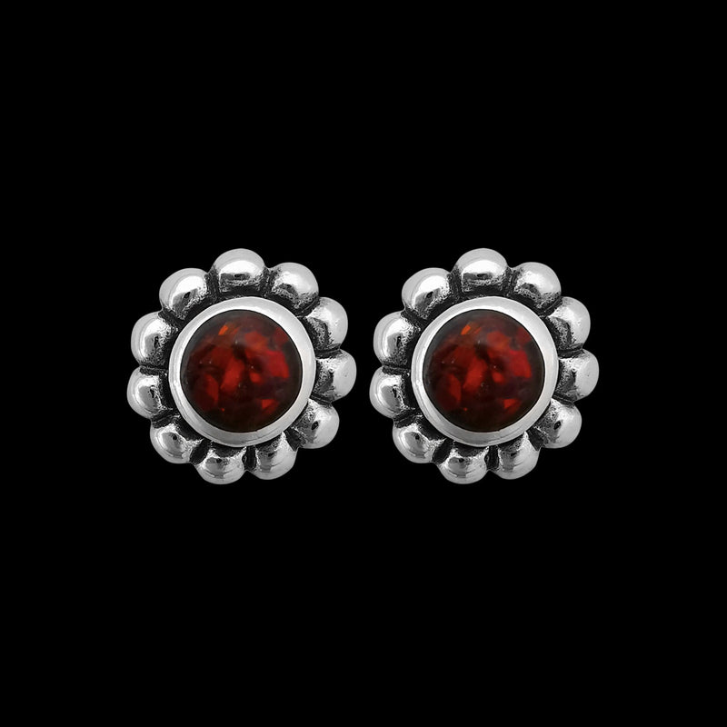 Flower Earrings • Sterling Silver Studs • Fire Opal • Navajo Handcrafted