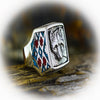 Wolf Ring with Turquoise and Red Coral Inlay • Posing Wolf Design • 925 Sterling Silver • Navajo