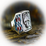 Wolf Ring with Turquoise and Red Coral Inlay • Posing Wolf Design • 925 Sterling Silver • Navajo