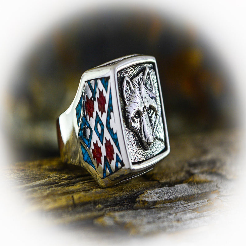 Wolf Ring with Turquoise and Red Coral Inlay • Posing Wolf Design • 925 Sterling Silver • Navajo