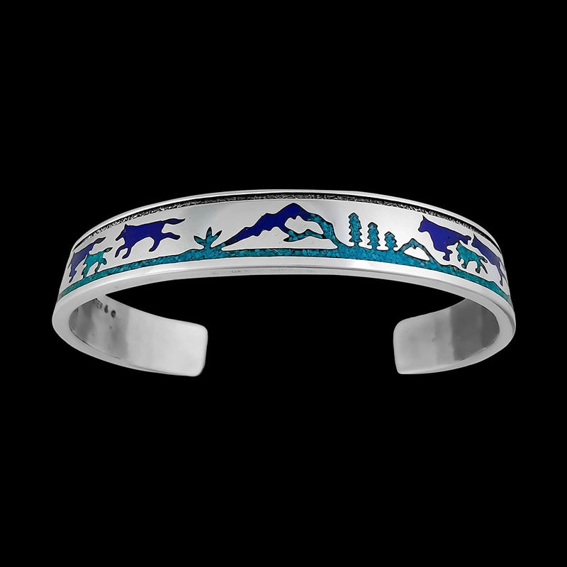 Navajo Sterling Silver Wolf Bracelet with Turquoise and Lapis Lazuli - Handmade Nature Inspired Jewelry, Size 6.5, Southwest Style Statement Piece