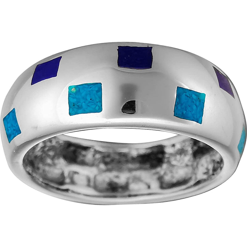925 Silver Geometric Ring w/ Turquoise & Lapis Lazuli, Handcrafted Statement Jewelry, Birthstone Band, Square Design, Size 9