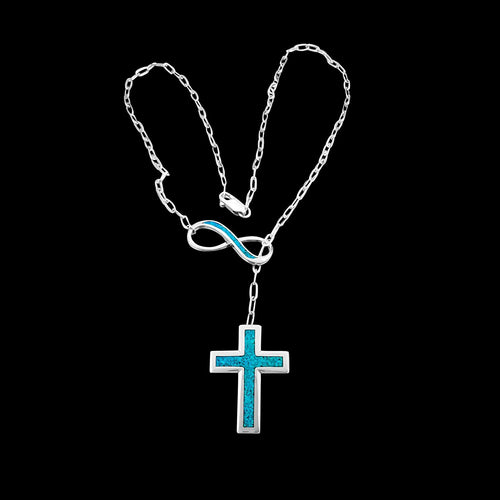 Cross Necklace, 925 Sterling Silver, Infinity, 18", Religion, Christianity, Turquoise