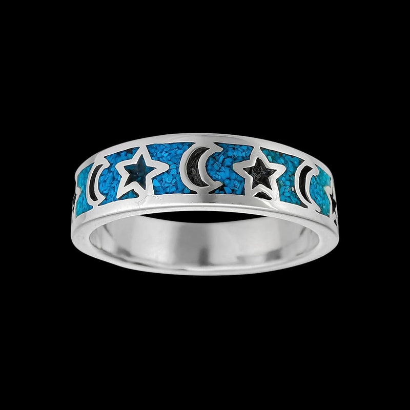 Size 9-925 Sterling Silver & Turquoise Moon & Stars Band, Night Sky Design, Handmade Gemstone Jewelry, Crescent Moon