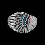 925 Sterling Silver Small Native American Warbonnet Ring, Turquoise & Red Coral, Feathered Warbonnet Design, Indigenous Band, Handmade Gemstone Jewelry (6)