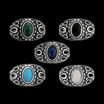 Size 7.5 925 Sterling Silver Diamond Cut Oval Blue Topaz Cabochon Ring, Abstract Beaded Teardrop Design, Solitaire Gemstone Band, Handmade Jewelry (7.5)