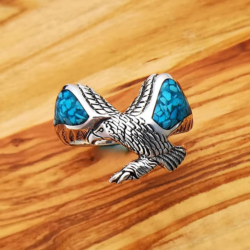 Size 10 Turquoise inlaid Sterling Silver Bald Eagle Ring
