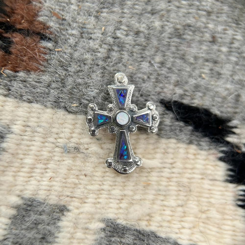 Sterling Silver Cross Pendant with Purple and White Opal Inlay