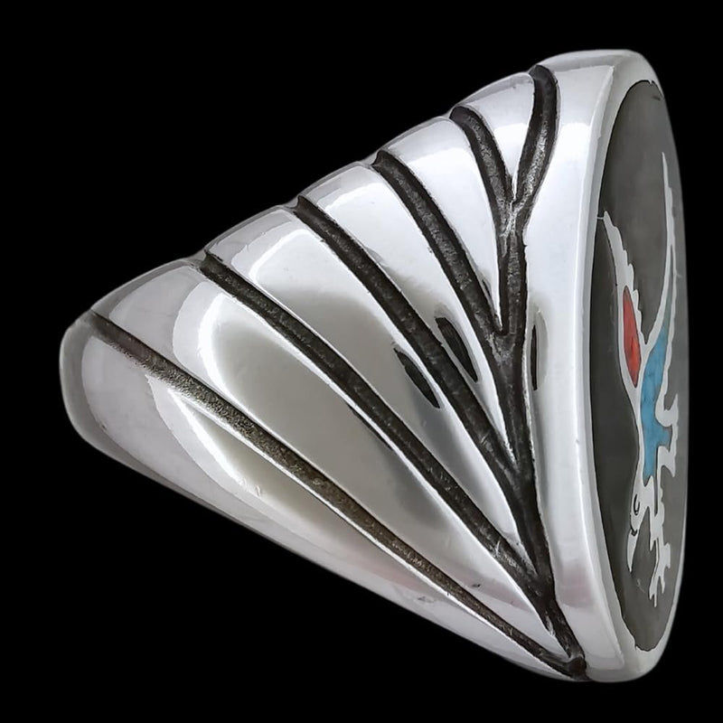 Size 8-925 Sterling Silver Oval Eagle Ring, Curved Spiral Design, Turquoise and Coral