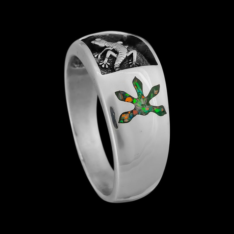 Navajo Handmade Gecko Ring • 925 Sterling Silver • Lizard Design • Green Opal and Malachite