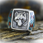 Wolf Ring with Turquoise and Red Coral Inlay • Posing Wolf Design • 925 Sterling Silver • Navajo
