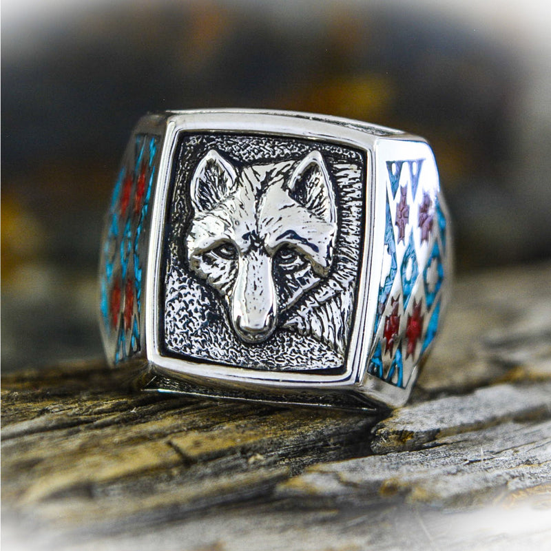 Wolf Ring with Turquoise and Red Coral Inlay • Posing Wolf Design • 925 Sterling Silver • Navajo