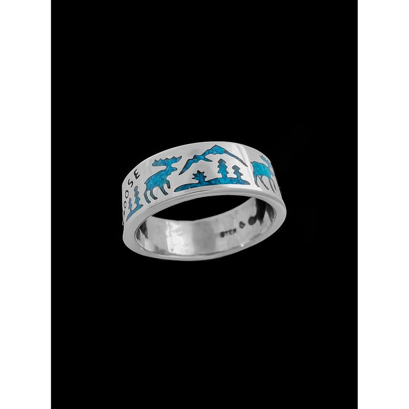 Size 6-925 Sterling Silver Moose Crossing Ring, Turquoise, Detailed Moose Track Design, Handmade Nature Band, Handcrafted Animal Jewelry