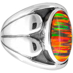 925 Sterling Silver Large Oval Red Striped Opal Ring, Curved Split Heart Design, Handmade Gemstone Jewelry, Statement Birthstone Band