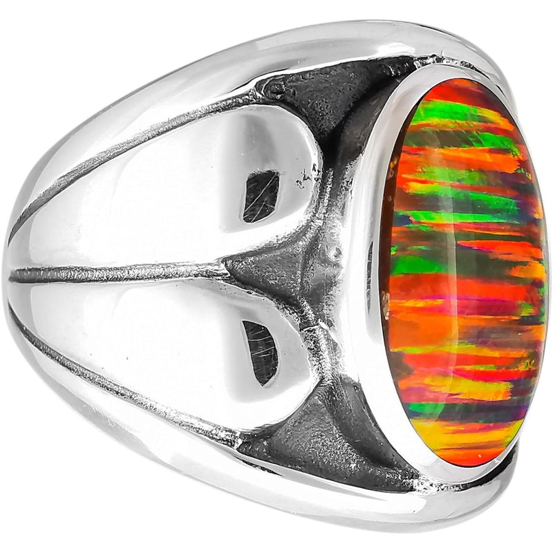 925 Sterling Silver Large Oval Red Striped Opal Ring, Curved Split Heart Design, Handmade Gemstone Jewelry, Statement Birthstone Band