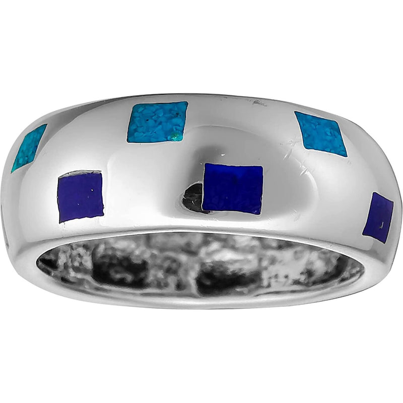 925 Silver Geometric Ring w/ Turquoise & Lapis Lazuli, Handcrafted Statement Jewelry, Birthstone Band, Square Design, Size 9