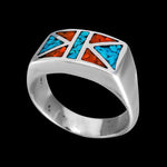 Size 10-925 Sterling Silver Geometric Flag Ring, Turquoise & Red Coral, Abstract Gemstone Design, Handmade Geometric Statement Jewelry, Handcrafted Birthstone Band