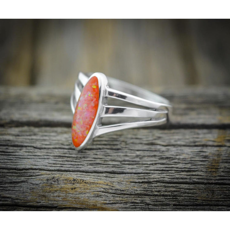 Size 7 - Sterling Silver and Orange Opal Three Prong Oval Ring