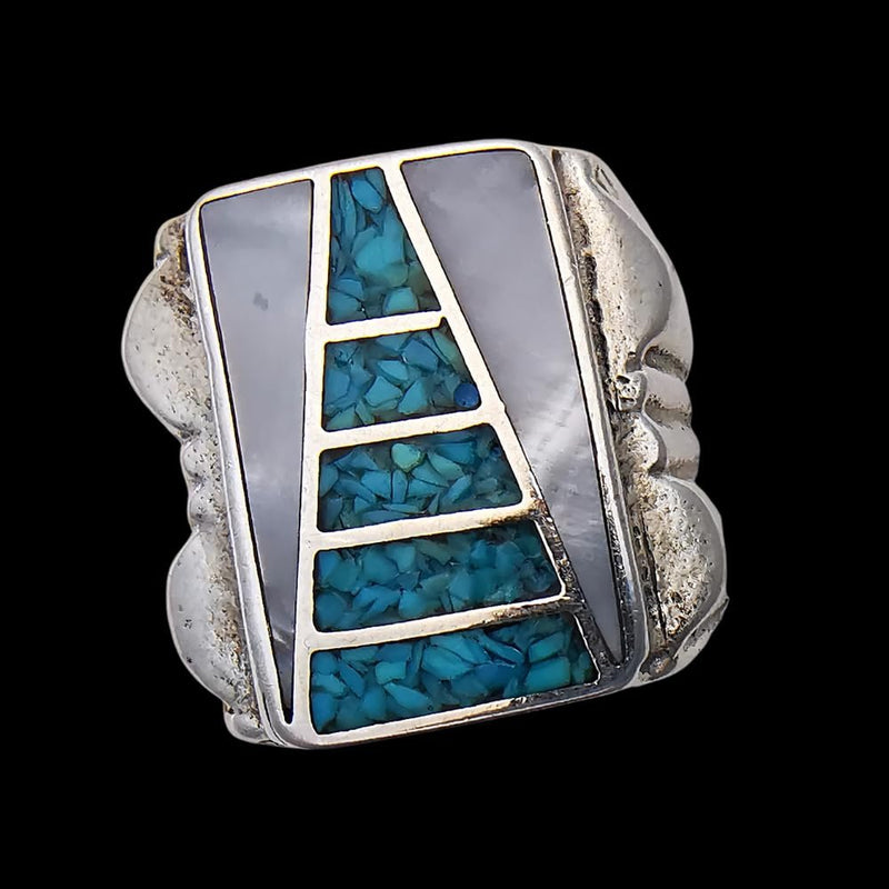 Size 13 - Vintage 925 Sterling Silver Mother of Pearl and Turquoise Ring