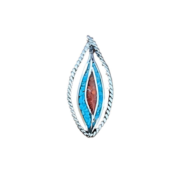 Vintage Silver Cat Eye Pendant with Turquoise and Coral Inlay - Circa Mid-80s