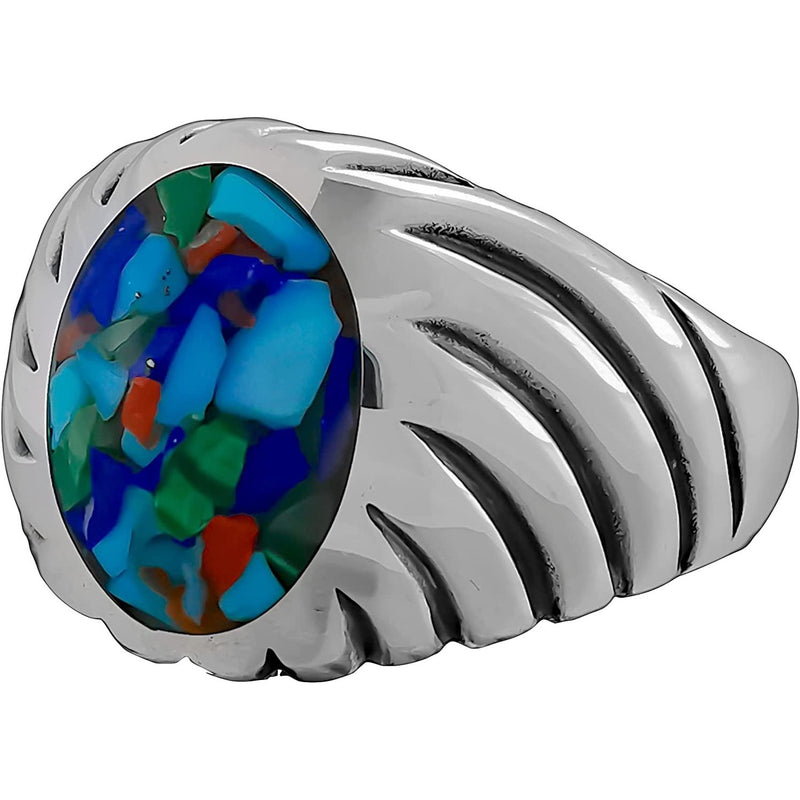 Size 11-925 Sterling Silver Oval Mixed Stones Ring, Curved Spiral Design, Handmade Gemstone Jewelry, Statement Birthstone Band