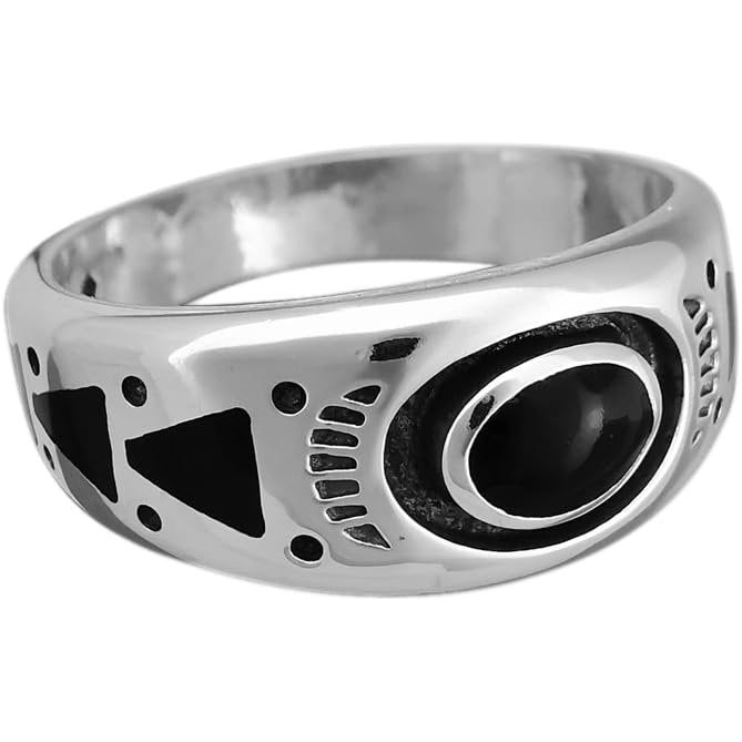 925 Sterling Silver Black Resin Ring, Southwestern Geometric Design, Handmade Oval Gemstone Band, Handcrafted Birthstone Jewelry