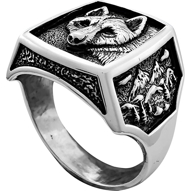 Size 12.5 - Square Faced Inlay Ring, Wolf Face