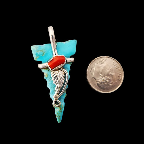 Native American Pendant, Hand Carved Turquoise Arrowhead, 925 Silver