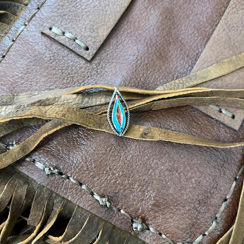 Vintage Silver Cat Eye Pendant with Turquoise and Coral Inlay - Circa Mid-80s