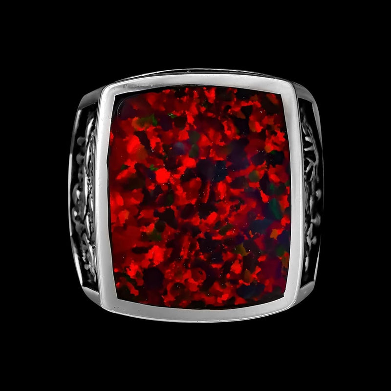 Size 12.5 - Red Opal Mountain Scene Square Ring