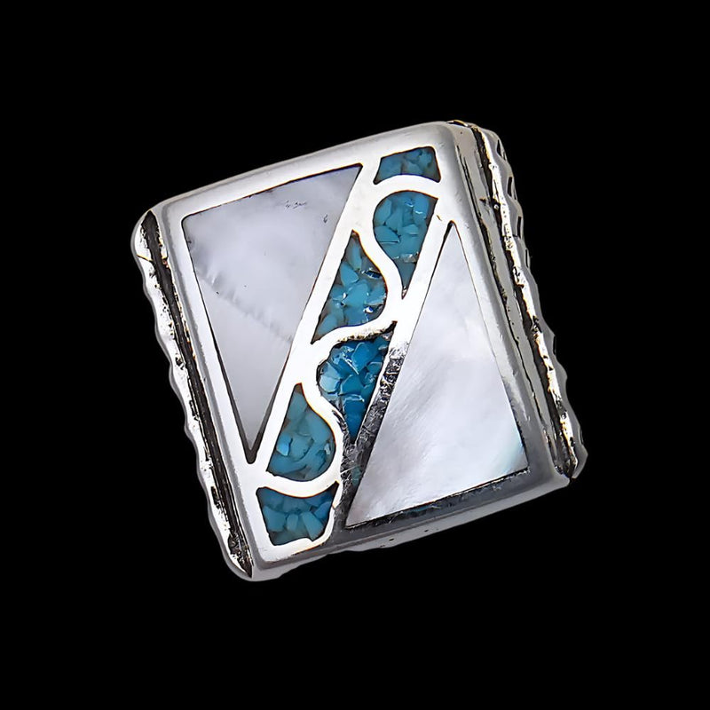 Size 13 - Vintage 925 Sterling Silver Mother of Pearl and Turquoise Ring