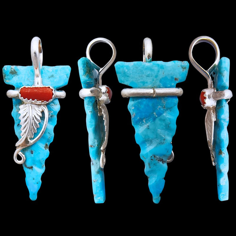Native American Pendant, Hand Carved Turquoise Arrowhead, 925 Silver