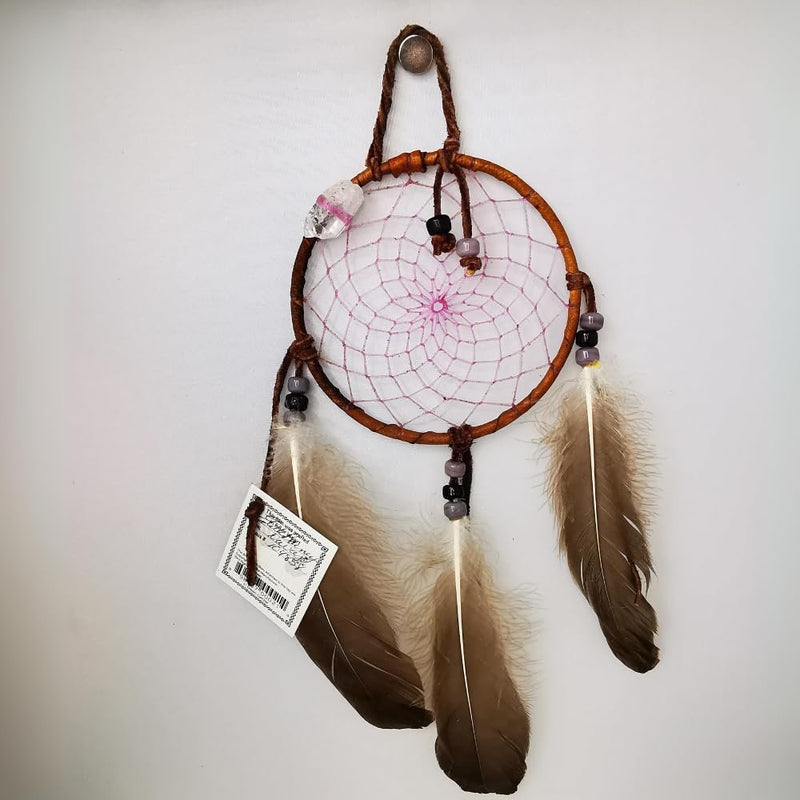 Native American handmade 4" Dream Catcher, Quartz Crystal, Feathers