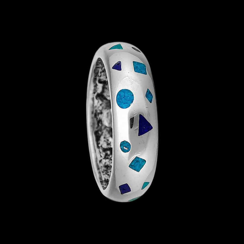 Size 7-925 Sterling Silver Scattered Shapes Ring, Turquoise & Lapis Lazuli, Abstract Design, Handmade Geometric Statement Jewelry, Handcrafted Birthstone Band