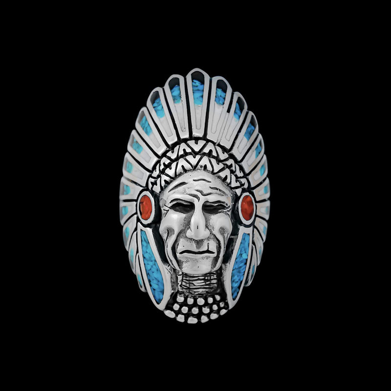 925 Sterling Silver Native American Chief Headdress Ring, Turquoise & Mother of Pearl Headdress Design, Statement Gemstone Band, Handmade Birthstone Jewelry