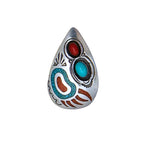 925 Sterling Silver Turquoise & Red Coral Teardrop Pendant, Southwestern Design, Bear Paw